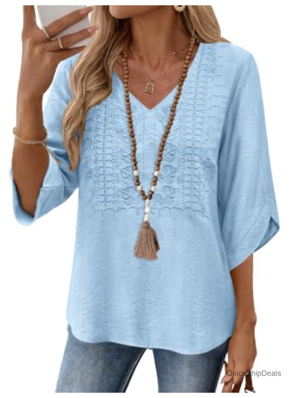 Womens Embroidered Lace Blouse 3/4 Bell Sleeve V-Neck Boho Summer Top